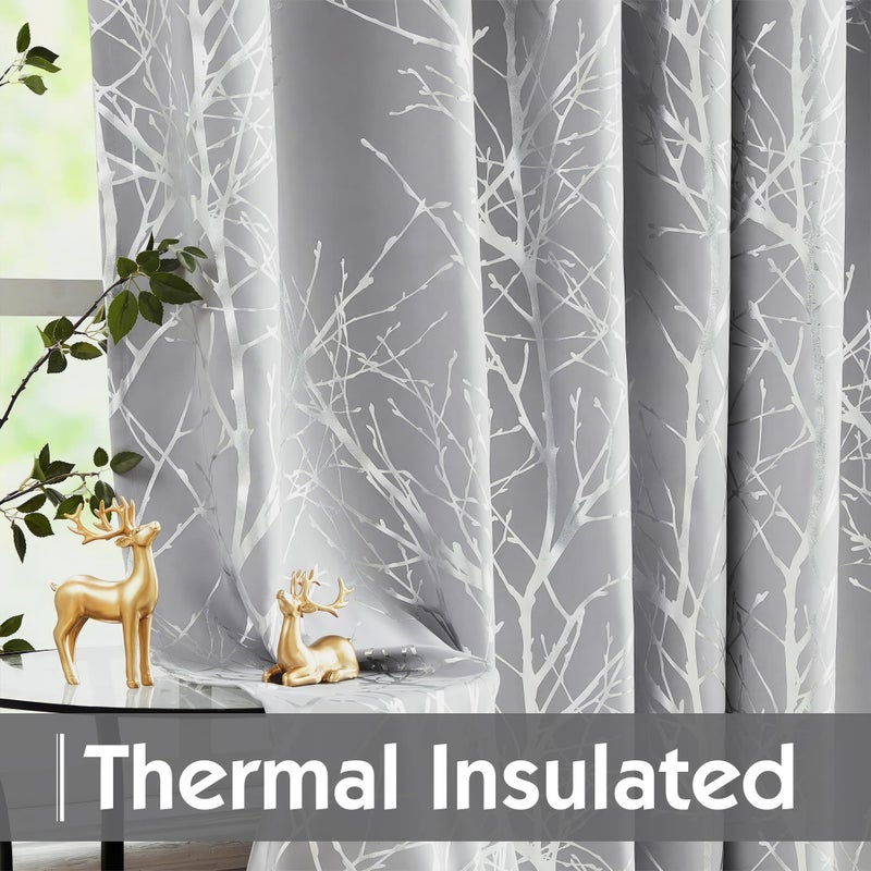 FMFUNCTEX 100% Blackout Curtains for Bedroom, Curtains 96 Inches Long Silver on Grey Tree Curtains for Living Room, Silver Foil Room Darkening Thermal Insulated Branch Curtain, 2 Panels Grommet Top - Image 5